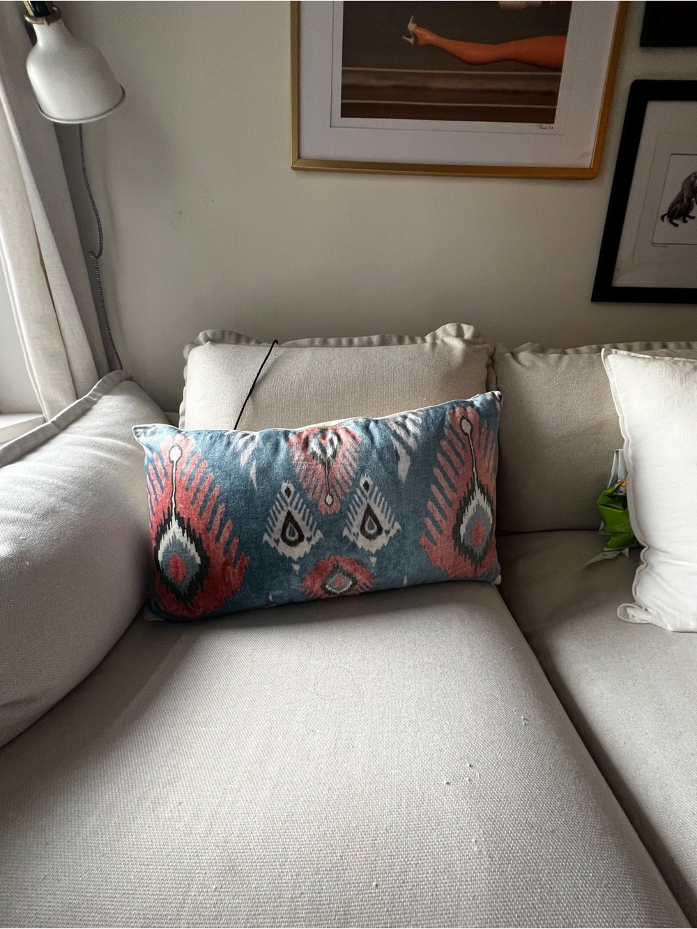 Anthropologie Blue and Coral Ikat Lumbar Pillow